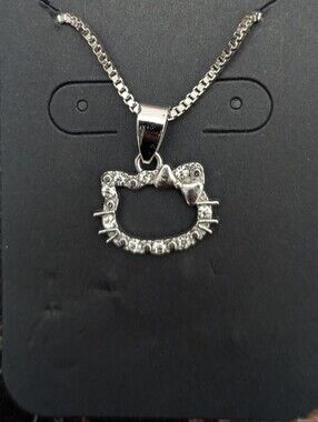 3 LEFT! Hello Kitt Cat Face Rhinestone Pendant Necklace - Silver Tone